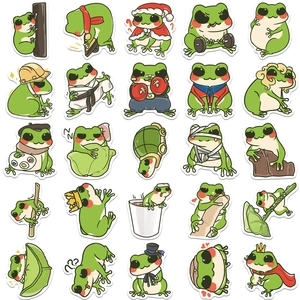 Flat lay of 25 unique cute cartoon frog stickers with various playful character designs