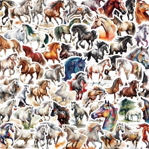 Detailed view of colorful horse stickers set with artistic watercolor painted designs