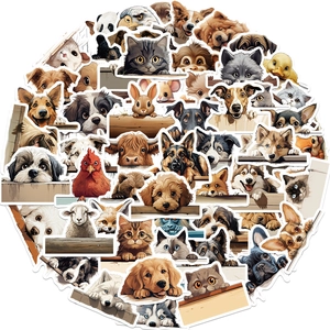 Collection of 50 cute waterproof cartoon animal stickers with peek-a-boo design for decor