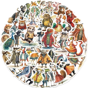 Detailed view of watercolor anthropomorphic animal stickers with foxes and pandas