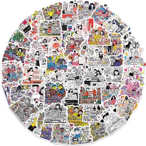 Flat lay of colorful cartoon couple stickers showing various daily life activities