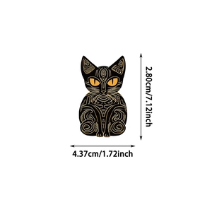Detailed dimensions of the black enamel sitting cat pin with gold tribal patterns