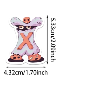 Detailed view of cartoon monster sticker X with precise size markers in cm and inches