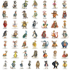 Set of 50 anthropomorphic animal stickers in vintage clothes for DIY luggage decoration