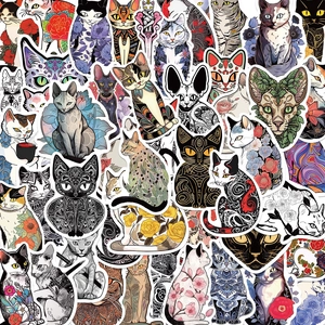 Detailed view of 50 varied cartoon cat stickers with vibrant Japanese art style patterns