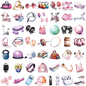 Set di 50 adesivi fitness ad acquerello con attrezzature sportive e vari accessori