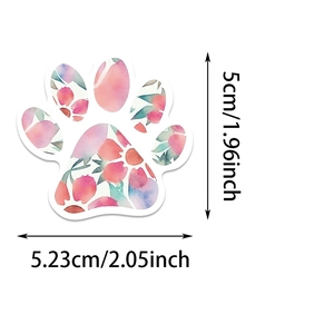 Detailed dimension guide for watercolor floral paw print sticker showing height and width