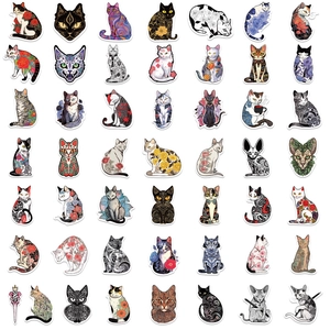 Collection of 50 artistic cartoon cat stickers with Japanese tattoo and floral designs