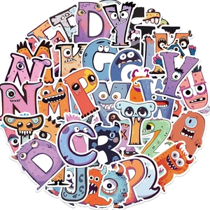 Detailed view of colorful monster-themed alphabet stickers with 26 letters and fun designs