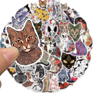 50 pieces of waterproof vinyl cat stickers with colorful mandala and graffiti patterns