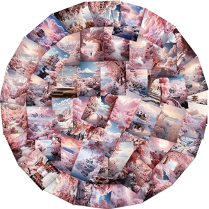 Detail view of 50 aesthetic pink landscape stickers featuring cherry blossoms and snowy peaks