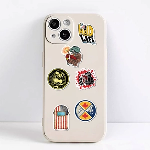 Waterproof welding stickers showing diverse designs on a white phone case detail view