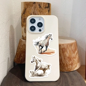Detail of matte cream iPhone case featuring two watercolor running horse artistic prints
