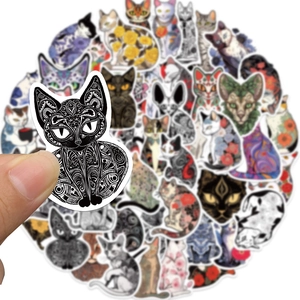 Waterproof cartoon cat stickers in various styles like mandala and floral patterns