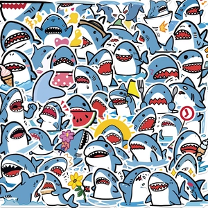 Waterproof Cartoon Shark Stickers For Laptop Skateboard Suitcase Cute Blue White Animal Doodle Decals For Kids Students Adults
