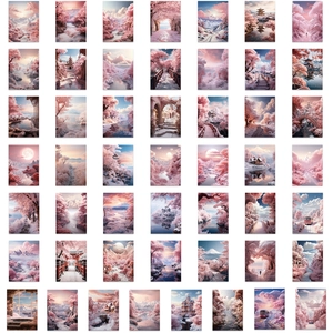 Set of 50 aesthetic pink landscape stickers featuring Japanese cherry blossoms and shrines