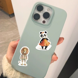 Close-up of light green liquid silicone phone case with cute panda and lion cartoon stickers