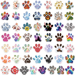 Set of 50 colorful cartoon paw print stickers with floral and artistic patterns for kids