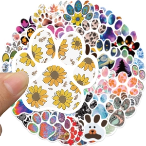 50pcs cute cartoon paw print stickers with sunflower and artistic patterns for decor