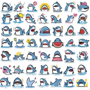 Set of 50 waterproof cartoon shark stickers with cute blue designs for luggage and laptops
