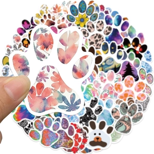 50pcs colorful paw print stickers with floral and bohemian patterns for kids