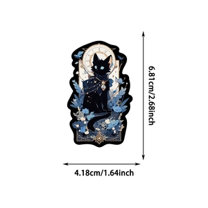Dettaglio dimensioni adesivo gatto nero 6,81cm per 4,18cm con decorazione floreale blu chic