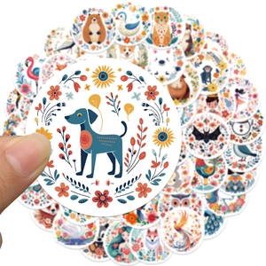 50 autocollants mignons d'animaux et fleurs, stickers ronds en PVC imperméables déco