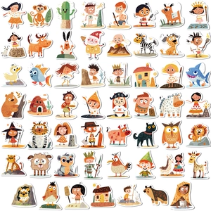 Close-up of waterproof cartoon caveman and animal stickers in neat grid layout