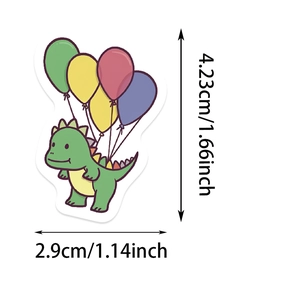 Detailed view of a green cartoon dinosaur sticker with balloons and size measurements