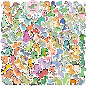 Close-up of waterproof cartoon dinosaur stickers for phone cases and various surfaces