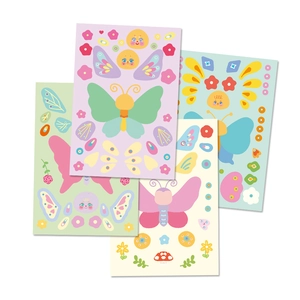 Set of four colorful DIY butterfly make-a-face stickers with floral patterns for kids