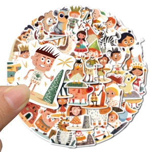 Close-up of waterproof cartoon caveman stickers featuring cute animals and tribal characters