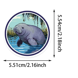 Detailed size measurement of cartoon manatee sticker showing 2.16 by 2.18 inches dimensions