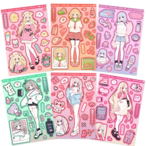 Vista dettagliata di sei fogli di adesivi di ragazze cartoni animati per scrapbooking DIY