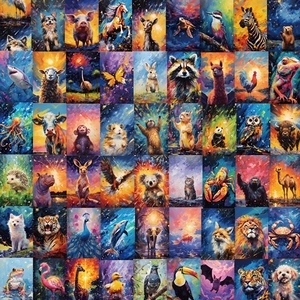 Detailed grid of 60 colorful animal oil painting stickers for suitcases and journals
