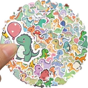 Set of 100 cute waterproof cartoon dinosaur stickers in colorful macabre pastel tones