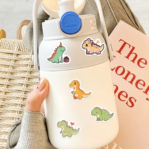 White water bottle with cute cartoon dinosaur stickers and blue carry handle lid