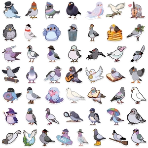 Lot de 50 autocollants de pigeons de dessins animés pour bagages, portables et téléphones