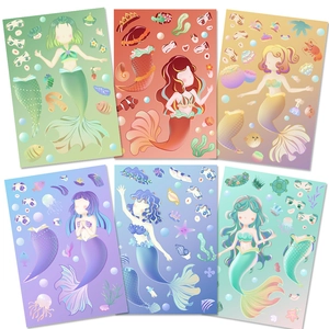 Close-up of 6-pack mermaid dress-up sticker set featuring colorful ocean-themed DIY designs