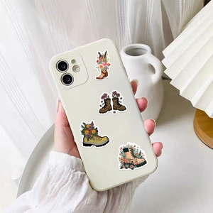 Floral boot stickers on a white phone case with elegant vintage aesthetic background