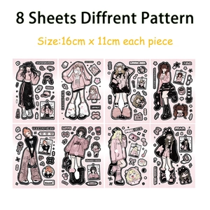 8 sheets of pink and black anime girl stickers for DIY journaling and phone cases