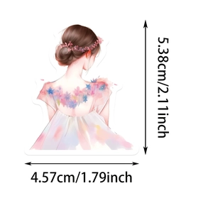 Detailed view showing dimensions of cute watercolor girl sticker for journals