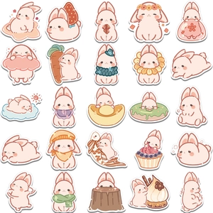 Close-up of 25 cute cartoon rabbit stickers with strawberry and dessert patterns