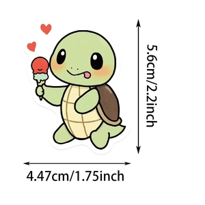 Detail showing precise dimensions of the cute turtle sticker with ice cream design