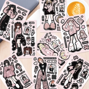 8 sheets of DIY Y2K stickers with pink and black trendy girl designs for scrapbook deco