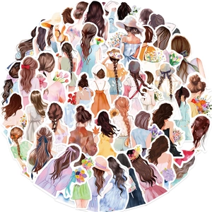 Detailed close-up of cute watercolor girl back stickers arranged in a circular layout
