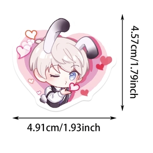 Detail showing dimensions of Q-version anime boy sticker with bunny ears and heart motif