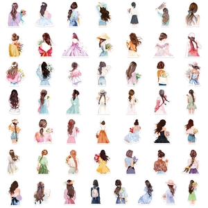 Set of 50 watercolor girl back view stickers for scrapbooking and laptop decoration
