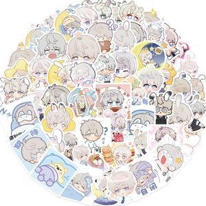Detailed pile of 60 cute Chibi anime stickers featuring silver hair boy for laptops