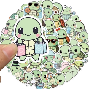 50pcs cute green cartoon turtle waterproof stickers for laptops and DIY suitcases
